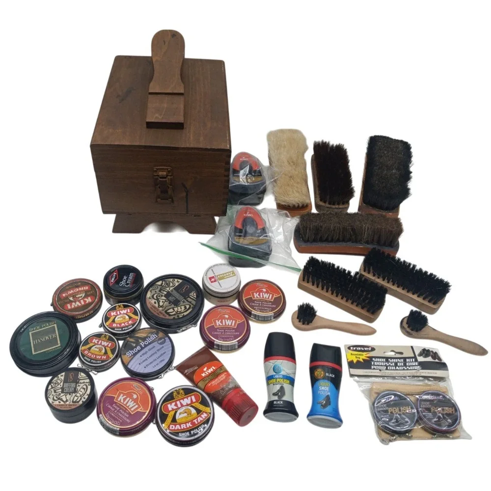 Vintage 30 PC Wooden Shoe Valet Shoe Shine Box Kit w/ Brushes & Polish